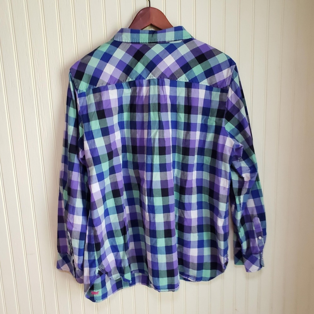 Talbots‎ Button Up Shirt Womens 2X Blue Green Plaid Long Sleeve Cotton Dragonfly - Picture 3 of 9
